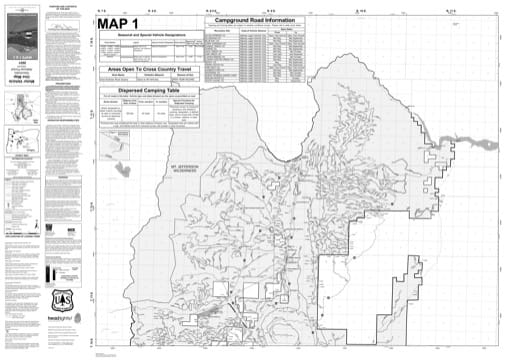 Map 1 of the Motor Vehicle Use Map (MVUM) of Deschutes National Forest (NF) in Oregon. Published by the U.S. Forest Service (USFS).