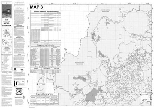 Map 3 of the Motor Vehicle Use Map (MVUM) of Deschutes National Forest (NF) in Oregon. Published by the U.S. Forest Service (USFS).
