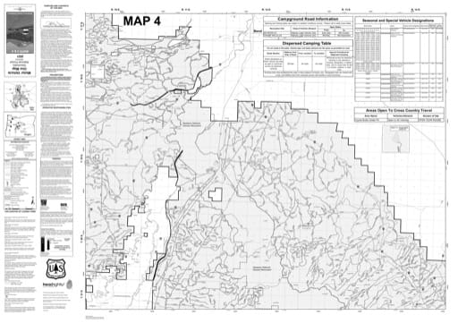 Map 4 of the Motor Vehicle Use Map (MVUM) of Deschutes National Forest (NF) in Oregon. Published by the U.S. Forest Service (USFS).
