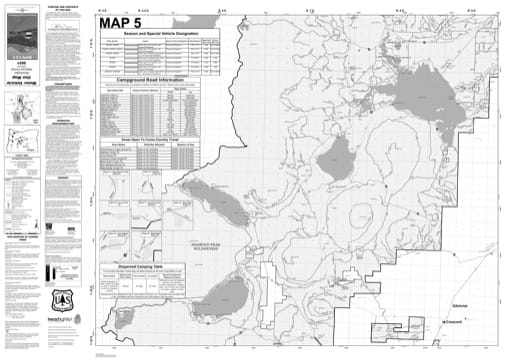 Map 5 of the Motor Vehicle Use Map (MVUM) of Deschutes National Forest (NF) in Oregon. Published by the U.S. Forest Service (USFS).
