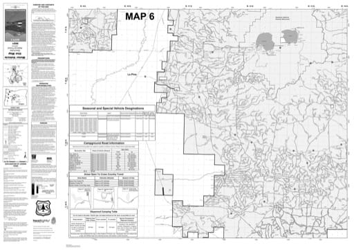 Map 6 of the Motor Vehicle Use Map (MVUM) of Deschutes National Forest (NF) in Oregon. Published by the U.S. Forest Service (USFS).