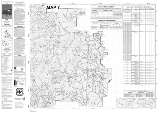 Map 7 of the Motor Vehicle Use Map (MVUM) of Deschutes National Forest (NF) in Oregon. Published by the U.S. Forest Service (USFS).