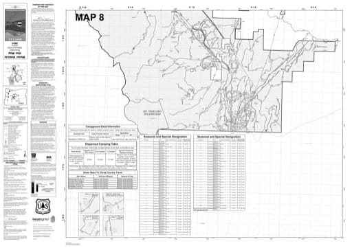 Map 8 of the Motor Vehicle Use Map (MVUM) of Deschutes National Forest (NF) in Oregon. Published by the U.S. Forest Service (USFS).