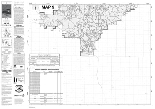Map 9 of the Motor Vehicle Use Map (MVUM) of Deschutes National Forest (NF) in Oregon. Published by the U.S. Forest Service (USFS).