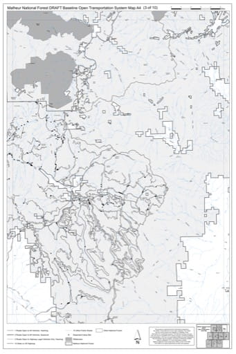 Map A4 of the Malheur National Forest DRAFT Baseline Open Transportation System for Malheur National Forest (NF) in Oregon. Published by the U.S. Forest Service (USFS).