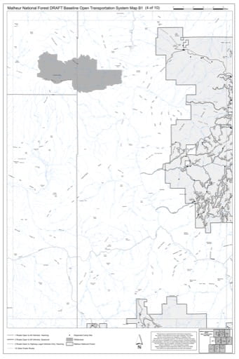 Map B1 of the Malheur National Forest DRAFT Baseline Open Transportation System for Malheur National Forest (NF) in Oregon. Published by the U.S. Forest Service (USFS).