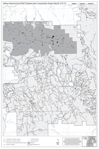 Map B3 of the Malheur National Forest DRAFT Baseline Open Transportation System for Malheur National Forest (NF) in Oregon. Published by the U.S. Forest Service (USFS).