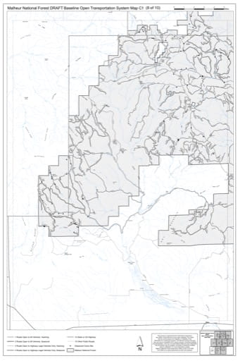 Map C1 of the Malheur National Forest DRAFT Baseline Open Transportation System for Malheur National Forest (NF) in Oregon. Published by the U.S. Forest Service (USFS).