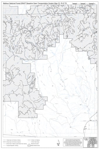 Map C2 of the Malheur National Forest DRAFT Baseline Open Transportation System for Malheur National Forest (NF) in Oregon. Published by the U.S. Forest Service (USFS).