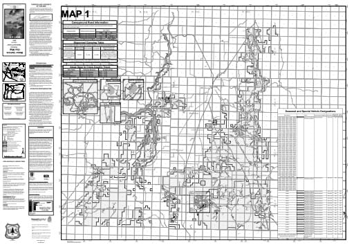 Map 1 of the Motor Vehicle Use Map (MVUM) of Ochoco National Forest (NF) in Oregon. Published by the U.S. Forest Service (USFS).