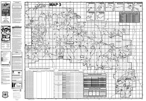 Map 3 of the Motor Vehicle Use Map (MVUM) of Ochoco National Forest (NF) in Oregon. Published by the U.S. Forest Service (USFS).