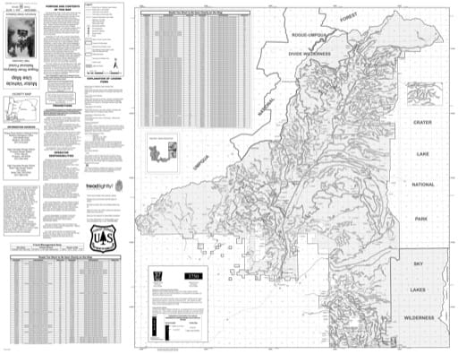 Motor Vehicle Use Map (MVUM) of the northern part of High Cascades Ranger District (RD) in Rogue River-Siskiyou National Forest (NF) in Oregon. Published by the U.S. Forest Service (USFS).