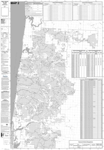 Motor Vehicle Use Map (MVUM) of the northern part of Central Coast Ranger Districts (RD) in Siuslaw National Forest (NF) in Oregon. Published by the U.S. Forest Service (USFS).