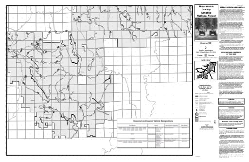 Motor Vehicle Use Map (MVUM) of Heppner Ranger District in Umatilla National Forest (NF) in Oregon. Published by the U.S. Forest Service (USFS).