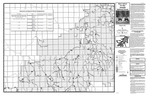 Motor Vehicle Use Map (MVUM) of Heppner Ranger District in Umatilla National Forest (NF) in Oregon. Published by the U.S. Forest Service (USFS).