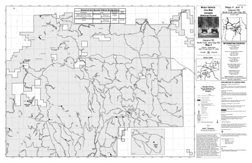 Motor Vehicle Use Map (MVUM) of Heppner Ranger District and North Fork John Day Ranger District in Umatilla National Forest (NF) in Oregon. Published by the U.S. Forest Service (USFS).