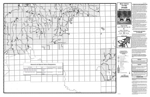 Motor Vehicle Use Map (MVUM) of Heppner Ranger District and North Fork John Day Ranger District in Umatilla National Forest (NF) in Oregon. Published by the U.S. Forest Service (USFS).