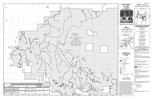 Motor Vehicle Use Map (MVUM) of North Fork John Day Ranger District in Umatilla National Forest (NF) in Oregon. Published by the U.S. Forest Service (USFS).