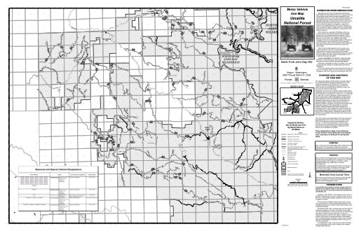 Motor Vehicle Use Map (MVUM) of North Fork John Day Ranger District in Umatilla National Forest (NF) in Oregon. Published by the U.S. Forest Service (USFS).