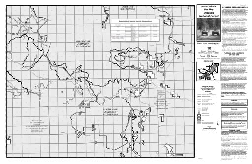 Motor Vehicle Use Map (MVUM) of North Fork John Day Ranger District in Umatilla National Forest (NF) in Oregon. Published by the U.S. Forest Service (USFS).