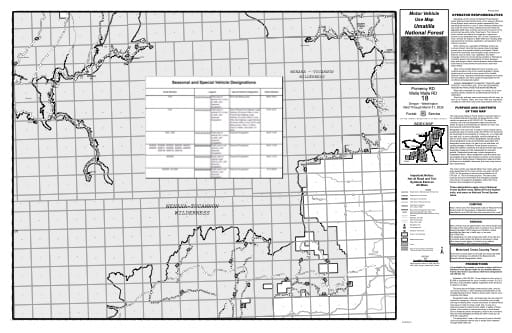 Motor Vehicle Use Map (MVUM) of Pomeroy Ranger District and Walla Walla Ranger District in Umatilla National Forest (NF) in Oregon. Published by the U.S. Forest Service (USFS).