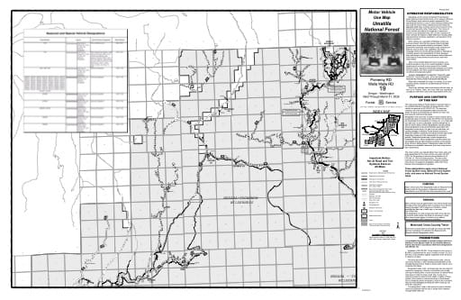 Motor Vehicle Use Map (MVUM) of Pomeroy Ranger District and Walla Walla Ranger District in Umatilla National Forest (NF) in Oregon. Published by the U.S. Forest Service (USFS).
