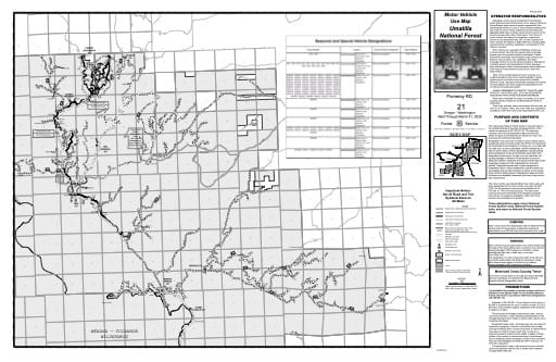 Motor Vehicle Use Map (MVUM) of Pomeroy Ranger District in Umatilla National Forest (NF) in Oregon. Published by the U.S. Forest Service (USFS).