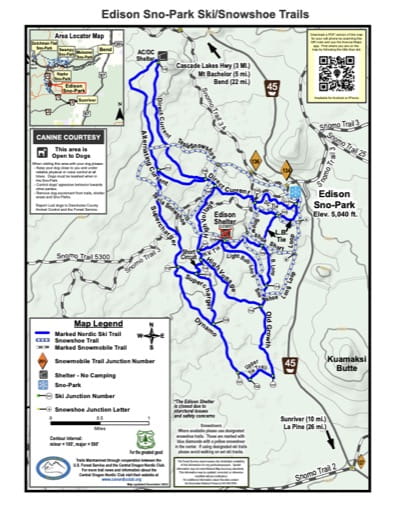 Map of Edison Sno-Park Ski/Snowshoe Trails in Deschutes National Forest (NF) in Oregon. Published by the U.S. Forest Service (USFS).