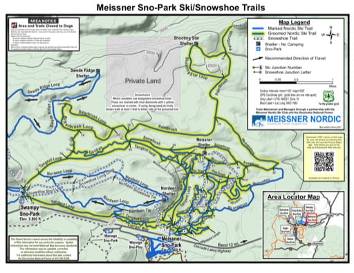 Map of Meissner Sno-Park Ski/Snowshoe Trails in Deschutes National Forest (NF) in Oregon. Published by the U.S. Forest Service (USFS).
