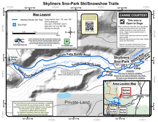 Map of Skyliners Sno-Park Ski/Snowshoe Trails in Deschutes National Forest (NF) in Oregon. Published by the U.S. Forest Service (USFS).
