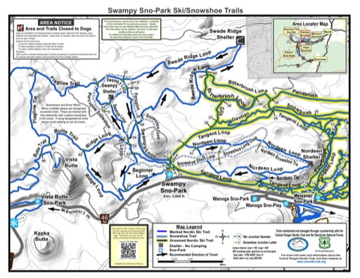 Map of Swampy Sno-Park Ski/Snowshoe Trails in Deschutes National Forest (NF) in Oregon. Published by the U.S. Forest Service (USFS).