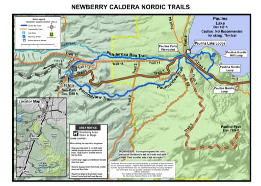 Map of Newberry Caldera Nordic Trails in the Newberry National Volcanic Monument (NVM) in Oregon. Published by the U.S. Forest Service (USFS).