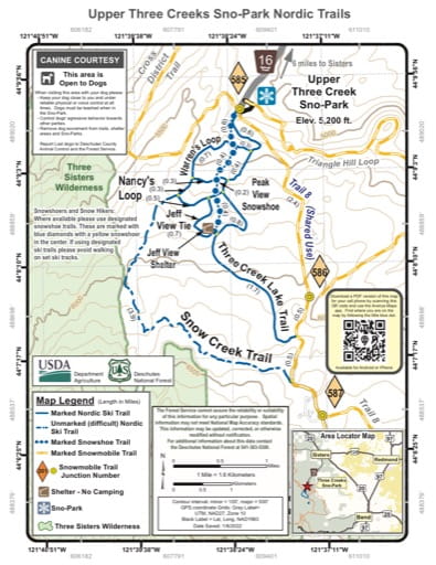 Map of Upper Three Creeks Sno-Park Nordic Trails in Deschutes National Forest (NF) in Oregon. Published by the U.S. Forest Service (USFS).