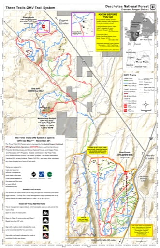 Off-Highway Vehicle (OHV) Trails Map of Three Trails OHV area in Deschutes National Forest (NF) in Oregon. Published by the U.S. Forest Service (USFS).