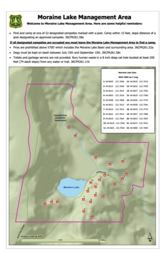 Recreation Map of Moraine Lake Management Area in Deschutes National Forest (NF) in Oregon. Published by the U.S. Forest Service (USFS).