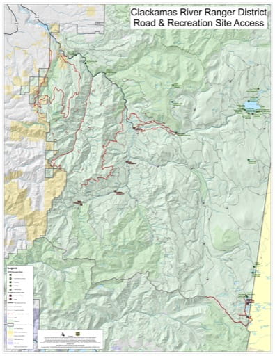 Map of Road and Recreation Site Access in Clackamas River Ranger District (RD) in Mount Hood National Forest (NF) in Oregon. Published by the U.S. Forest Service (USFS).