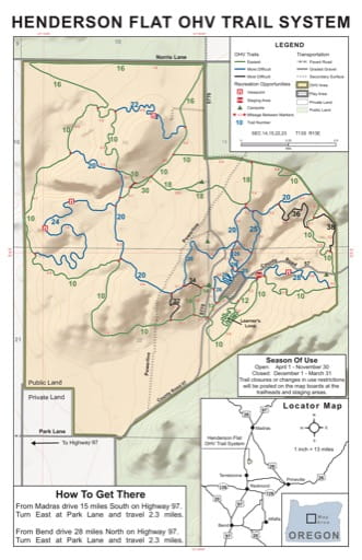 Map of Off-Highway Vehicle (OHV) Trails at Henderson Flat in Ochoco National Forest (NF) in Oregon. Published by the U.S. Forest Service (USFS).