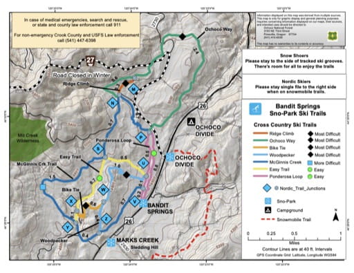 Map of Bandit Springs Sno-Park Ski Trails in Ochoco National Forest (NF) in Oregon. Published by the U.S. Forest Service (USFS).