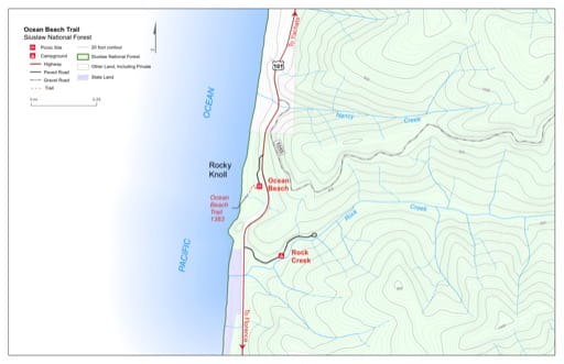 Map of Ocean Beach Trail #1383 in Siuslaw National Forest (NF) in Oregon. Published by the U.S. Forest Service (USFS).
