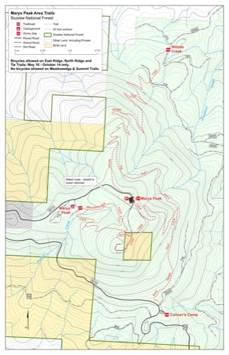 Map of East Ridge Trail #1324, Meadowedge Trail #1325, North Ridge Trail #1350, Summit Trail #1388 and Tie Trail #1313 in the Marys Peak area in Siuslaw National Forest (NF) in Oregon. Published by the U.S. Forest Service (USFS).