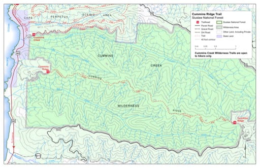 Map of Cummins Ridge Trail #1366 in Siuslaw National Forest (NF) in Oregon. Published by the U.S. Forest Service (USFS).