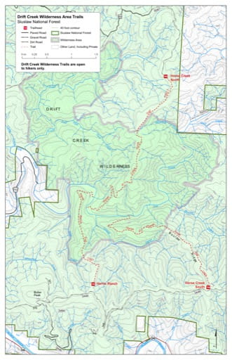 Map of Harris Ranch Trail #1347, Horse Creek North Trail #1362.1, Horse Creek South Trail #1362 in the Drift Creek Wilderness in Siuslaw National Forest (NF) in Oregon. Published by the U.S. Forest Service (USFS).