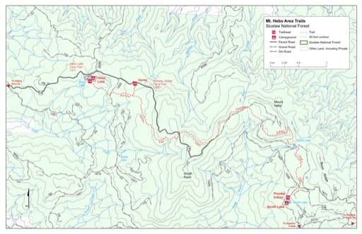 Map of Hebo Lake Loop Trail #1311, Pioneer-Indian Trail #1300 in the Mt. Hebo area in Siuslaw National Forest (NF) in Oregon. Published by the U.S. Forest Service (USFS).