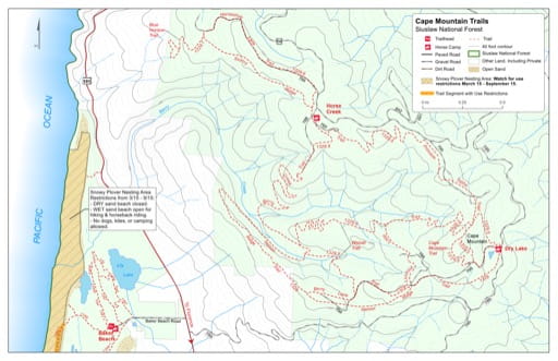 Map of Cape Mountain Trails #1329, Berry Creek Trail, Berry Lane Trail, Blue Horizon Trail, Cape Mountain Trail, Horseshoe Lane Trail, Lookout Loop Trail, Nelson Ridge Trail, Princess Tasha Trail, Scurvy Ridge Trail, Wapati Trail in the Cape Mountain area in Siuslaw National Forest (NF) in Oregon. Published by the U.S. Forest Service (USFS).