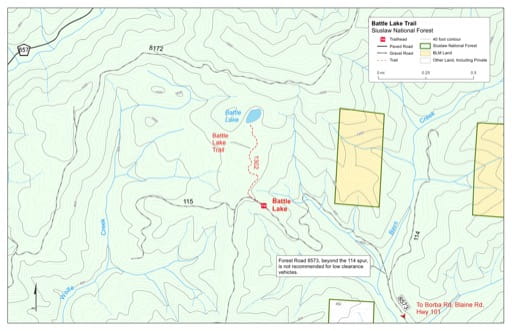 Map of Battle Lake Trail #1302 in Siuslaw National Forest (NF) in Oregon. Published by the U.S. Forest Service (USFS).