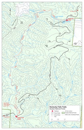 Map of Kentucky Falls Trail #1376, North Fork Smith Trail #1351 in the Kentucky Falls area in Siuslaw National Forest (NF) in Oregon. Published by the U.S. Forest Service (USFS).