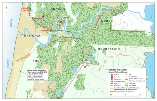 Map of Chief Tsiltcoos Trail #1359, Lagoon Trail #1330, Siltcoos Lake Trail #1333, Wax Myrtle Trail #1337 in the Siltcoos area in Siuslaw National Forest (NF) in Oregon. Published by the U.S. Forest Service (USFS).