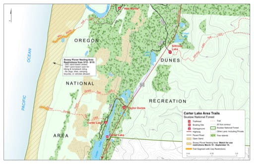 Map of Carter Dunes Trail #1384, Taylor Dunes Trail #1335 in the Carter Lake area in Siuslaw National Forest (NF) in Oregon. Published by the U.S. Forest Service (USFS).