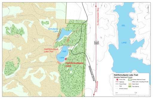 Map of Hall/Schuttpelz Lake Trail #1357 in Siuslaw National Forest (NF) in Oregon. Published by the U.S. Forest Service (USFS).
