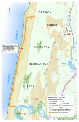 Map of Oregon Dunes Trail #1334 in Siuslaw National Forest (NF) in Oregon. Published by the U.S. Forest Service (USFS).